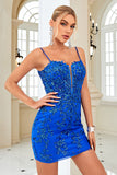 Röda Bodycon Spaghetti Remmar Paljetter Kort Hemkomst Klänning med Criss Cross Tillbaka