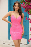 Fuchsia Sheath Spaghettiband Paljetter Kort Cocktail Klänning