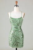 Glittrande Grön Slida Spaghetti Straps Kort Homecoming Klänning Med Criss Cross Back