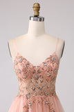 Glittrande Rodna En linje Paljetter Spaghetti Straps Lång Balklänning Med Slits