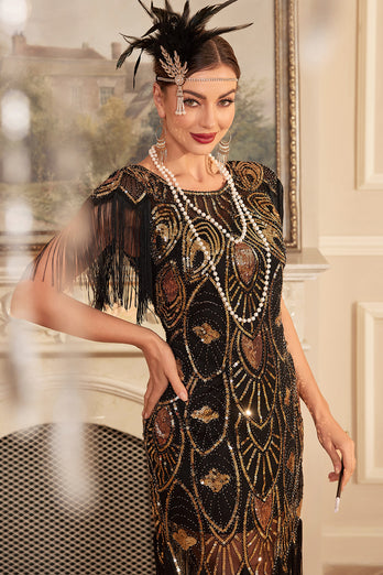 Svart Gyllene Slida 1920-talet Great Gatsby Paljett Fringe Flapper Klänning med ärm