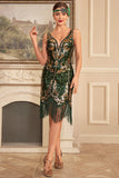 Grön Gyllene Paljetter Slida 1920-talet Great Gatsby Paljett Fringe Flapper Klänning