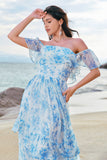 Off The Shoulder Vit Blå Blommig Boho Brudtärna Klänning med Volanger