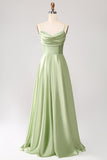 Dusty Sage A Line Cowl Neck Satin Long Prom Klänning med plisserad