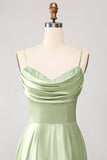 Dusty Sage A Line Cowl Neck Satin Long Prom Klänning med plisserad