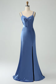 Grå Blå Mermaid Spaghetti Straps Lång Satin Brudtärneklänning med slits