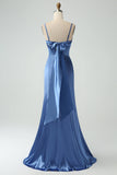 Grå Blå Mermaid Spaghetti Straps Lång Satin Brudtärneklänning med slits