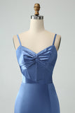 Grå Blå Mermaid Spaghetti Straps Lång Satin Brudtärneklänning med slits