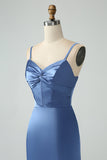 Grå Blå Mermaid Spaghetti Straps Lång Satin Brudtärneklänning med slits