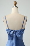 Grå Blå Mermaid Spaghetti Straps Lång Satin Brudtärneklänning med slits