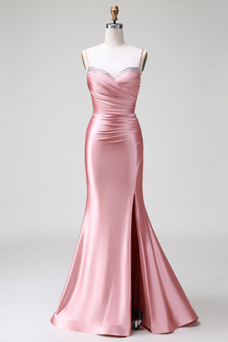 Rouge Mermaid Spaghetti Straps Satin Prom Klänning med slits