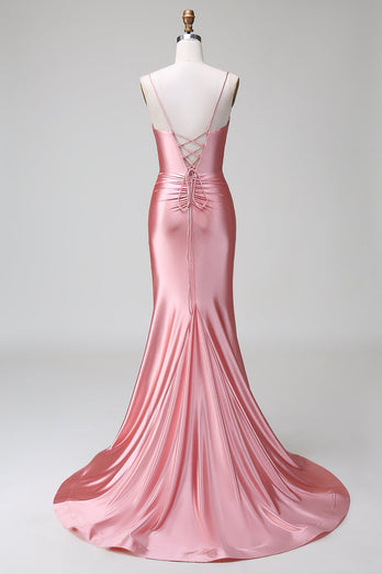 Rouge Mermaid Spaghetti Straps Satin Prom Klänning med slits