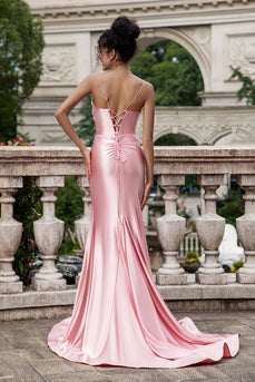 Rouge Mermaid Spaghetti Straps Satin Long Prom Klänning med slits