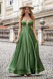 Grön A Line Spaghetti Straps Satin Lång Brudtärneklänning