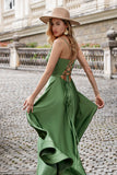 Grön A Line Spaghetti Straps Satin Lång Brudtärneklänning