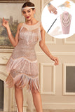 Glittrande rouge Tiered Fringed 1920s Klänning med Accessoarer Set