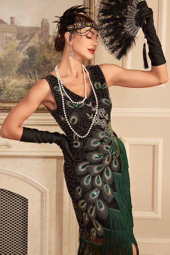 Mörkgrön paljetter Fransad 1920-tals klänning med accessoarer