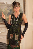 Grön V-ringad glittrande fransar 1920-tals klänning med accessoarer
