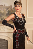 Svart Ärmlös Glittrande Fransar Flapper Klänning Med Tillbehör Set