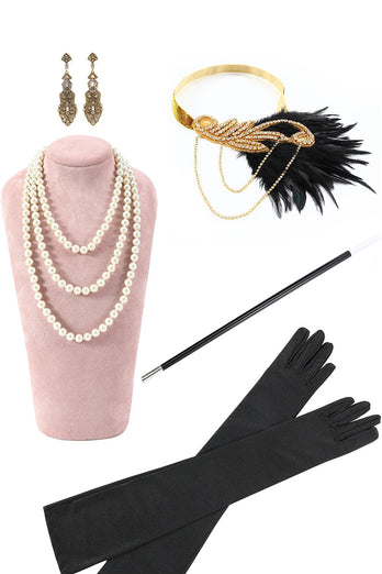 Svart Gyllene Halter Nyckelhål Fransar Gatsby 1920-talet Klänning med 5 Piece Accessory Set