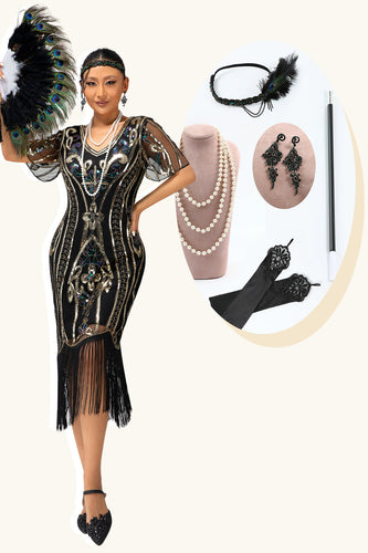 Glittrande V-ringad Svart Gyllene Fransad Bodycon 1920-talsklänning med 5-delat Tillbehörsset
