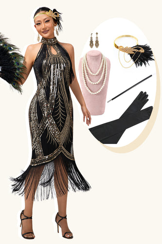 Svart Gyllene Halter Nyckelhål Fransar Gatsby 1920-talet Klänning med 5 Piece Accessory Set