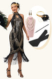 Svart Gyllene Halter Nyckelhål Fransar Gatsby 1920-talet Klänning med 5 Piece Accessory Set