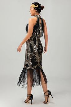 Svart Gyllene Halter Nyckelhål Fransar Gatsby 1920-talet Klänning med 5 Piece Accessory Set