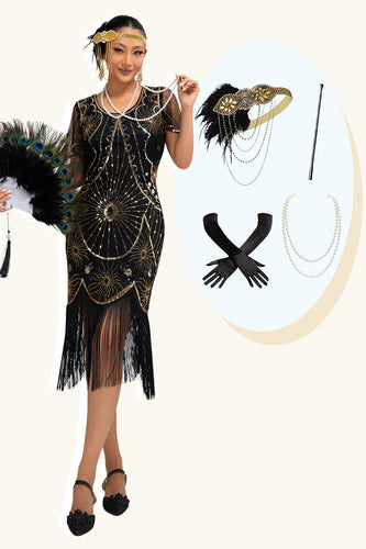 Svart Gyllene Scoop Neck Fransade Paljetter 1920-talet Klänning med 4 Piece Accessory Set