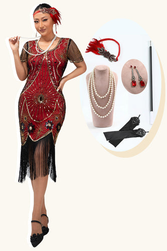 Paljett Fringed Scoop Neck Svart Röd 1920-talet Klänning med 5 Piece Accessory Set