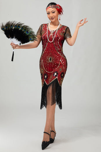 Paljett Fringed Scoop Neck Svart Röd 1920-talet Klänning med 5 Piece Accessory Set