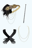 Svart Gyllene Scoop Neck Fransade Paljetter 1920-talet Klänning med 4 Piece Accessory Set