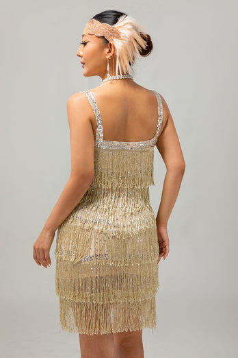 Glittrande Champagne Fringe 1920-talsklänning med 5-delat tillbehörsset