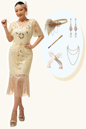Champagne Appliques Fringe 1920-tals klänning med 5-delat tillbehörsset