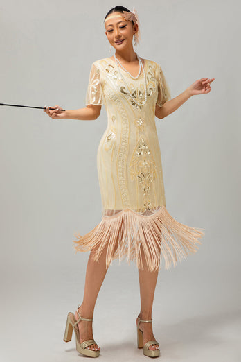 Champagne Appliques Fringe 1920-tals klänning med 5-delat tillbehörsset
