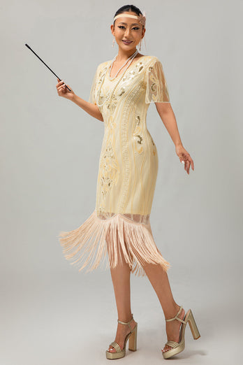 Champagne Appliques Fringe 1920-tals klänning med 5-delat tillbehörsset