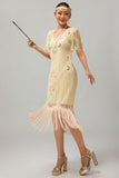 Champagne Appliques Fringe 1920-tals klänning med 5-delat tillbehörsset