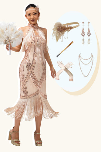 Champagne Paljett Halter Fringe 1920-tal Klänning med 5-delat Accessoarer Set