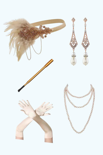 Champagne Paljett Halter Fringe 1920-tal Klänning med 5-delat Accessoarer Set