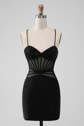 Svart Bodycon Spaghetti Straps Korsett Homecoming Klänning med Beading