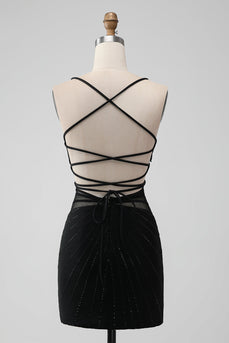 Svart Bodycon Spaghetti Straps Korsett Homecoming Klänning med Beading