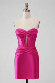 Fuchsia Bodycon Sweetheart Satin Korsett Kort Homecoming Klänning