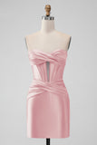 Snygg Fuchsia Bodycon Älskling Satin Korsett Kort Homecoming Klänning