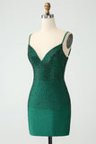 Mörkgrön Bodycon Spagehtti Straps Backless Homecoming Klänning med Beading