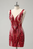 Glitter Fuchsia V-hals Tight Backless Kort Homecoming Klänning med Paljetter