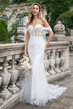 Glittrande Vit Off The Shoulder Korsett Mermaid Tulle Bröllopsklänning med Paljetter