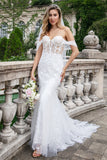Glittrande Vit Off The Shoulder Korsett Mermaid Tulle Bröllopsklänning med Paljetter