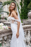 Glittrande Vit Off The Shoulder Korsett Mermaid Tulle Bröllopsklänning med Paljetter