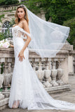 Glittrande Vit Off The Shoulder Korsett Mermaid Tulle Bröllopsklänning med Paljetter