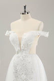 Vit Off The Shoulder Cut Out Bröllopsklänning med Avtagbar Tyll